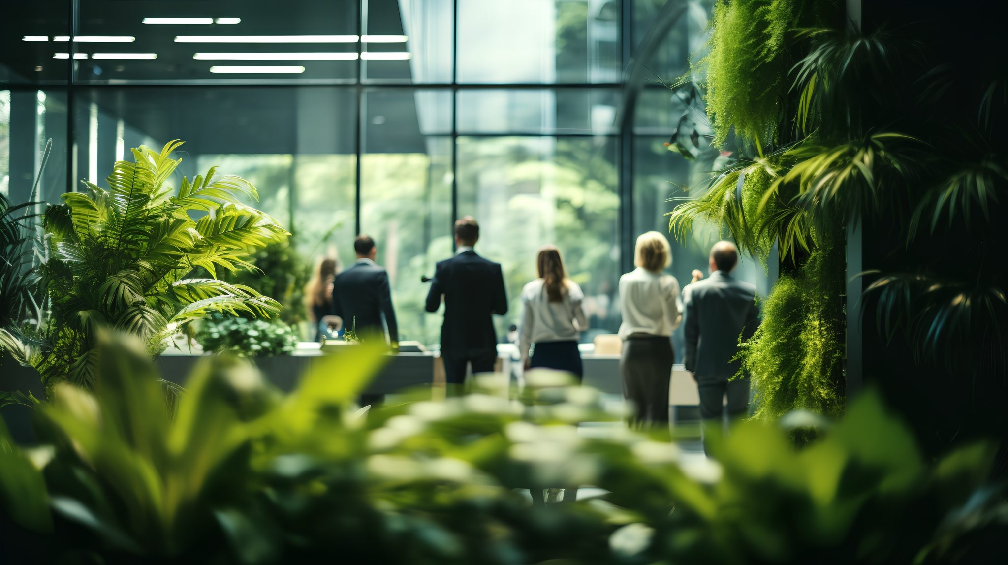 Office Space With Lush Green Plants. Sustainable And Nature Friendly Corporate Environment. Workspace For Business Productivity And Employee Wellbeing. Environmental Responsibility In Business, Esg