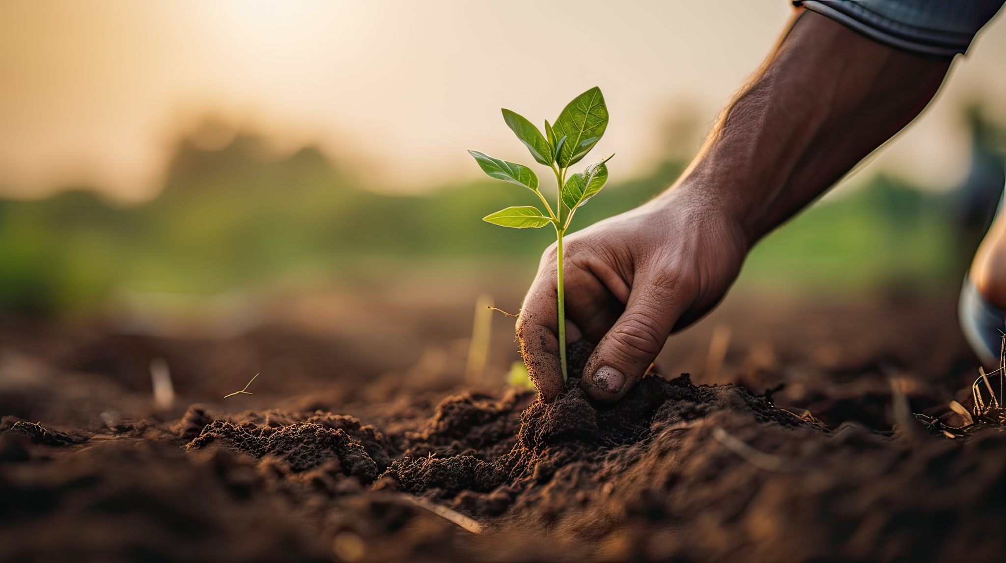 Farmer's Hands Planting Seedling In Regenerative Agriculture Field: Close Up Shot. Sustainable Farming And Eco Friendly Agriculture Concept