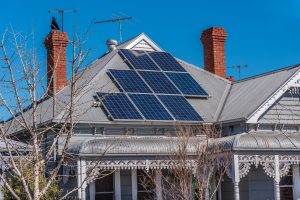 Solar Panels On A Roof In A Suburban Setting, Melbourne, Australia
